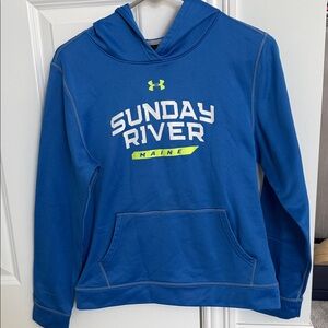 Under Armour Blue youth Hoodie with Sunday Riverprinted, ski resort in Maine.